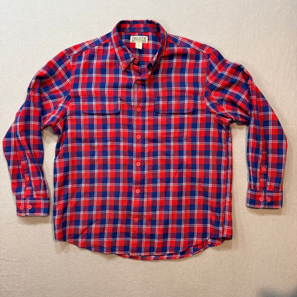 Duluth‎ Trading Co Flannel Red Blue Plaid Long Sleeve Button Up Shirt Men XL